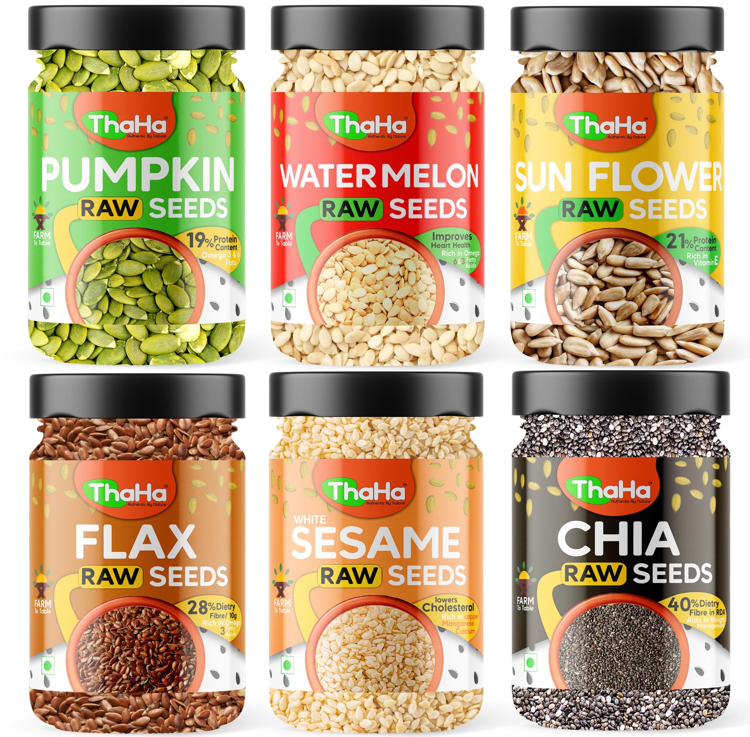 Thaha Super Seeds Combo Pack of Pumpkin, Sun Flower, Watermelon, Sesame, Chia, Flax | 900 Grams (150 Grams X 6) | Mix Seeds for Eating