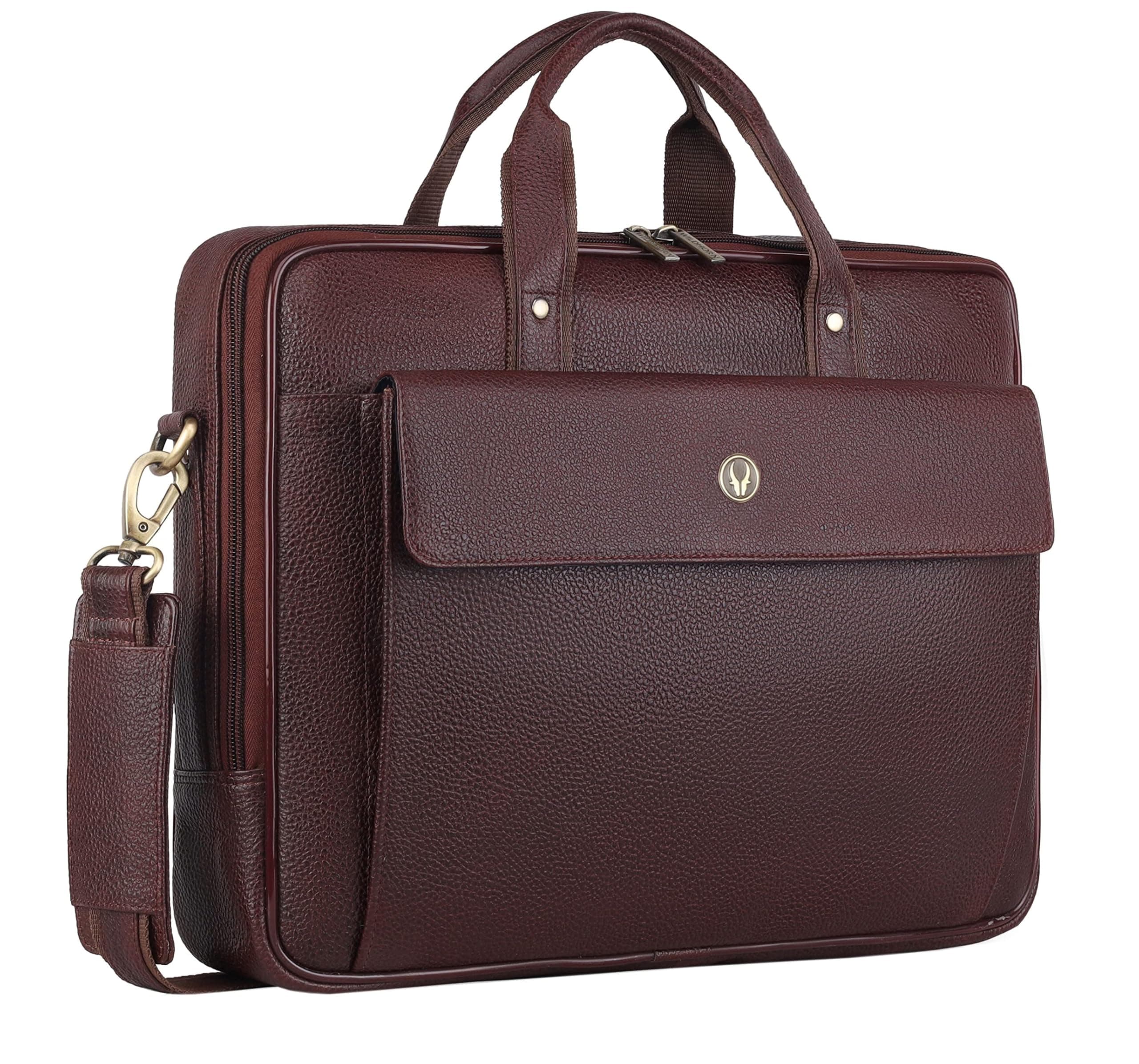 WildHorn Classic Leather Laptop Messenger Bag for Men I Padded Laptop Compartment I Carry Handles with Adjustable Strap