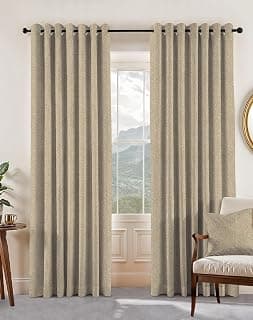 Casableu Herringbone Polyester Eyelets (Steel) Blackout Curtains with Tie Back, Bedroom Living Room (Set of 2) (Pair, Chiku, 7feet)