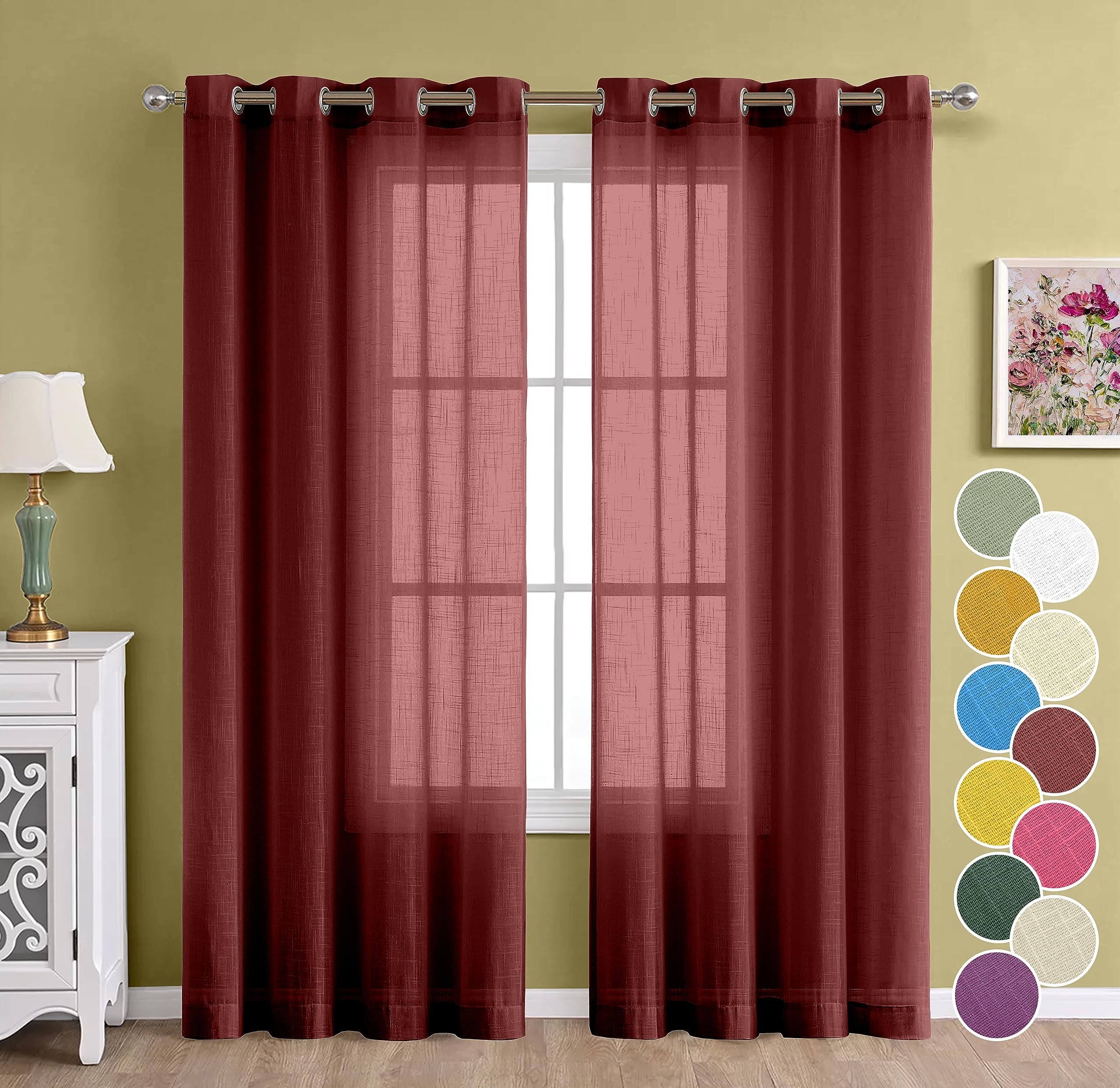 THE LINEN COMPANY Cotton Linen Solid Door Curtain with Eyelet Rings, 4.5ft x 7ft, Maroon, Set of 2 | Sheer