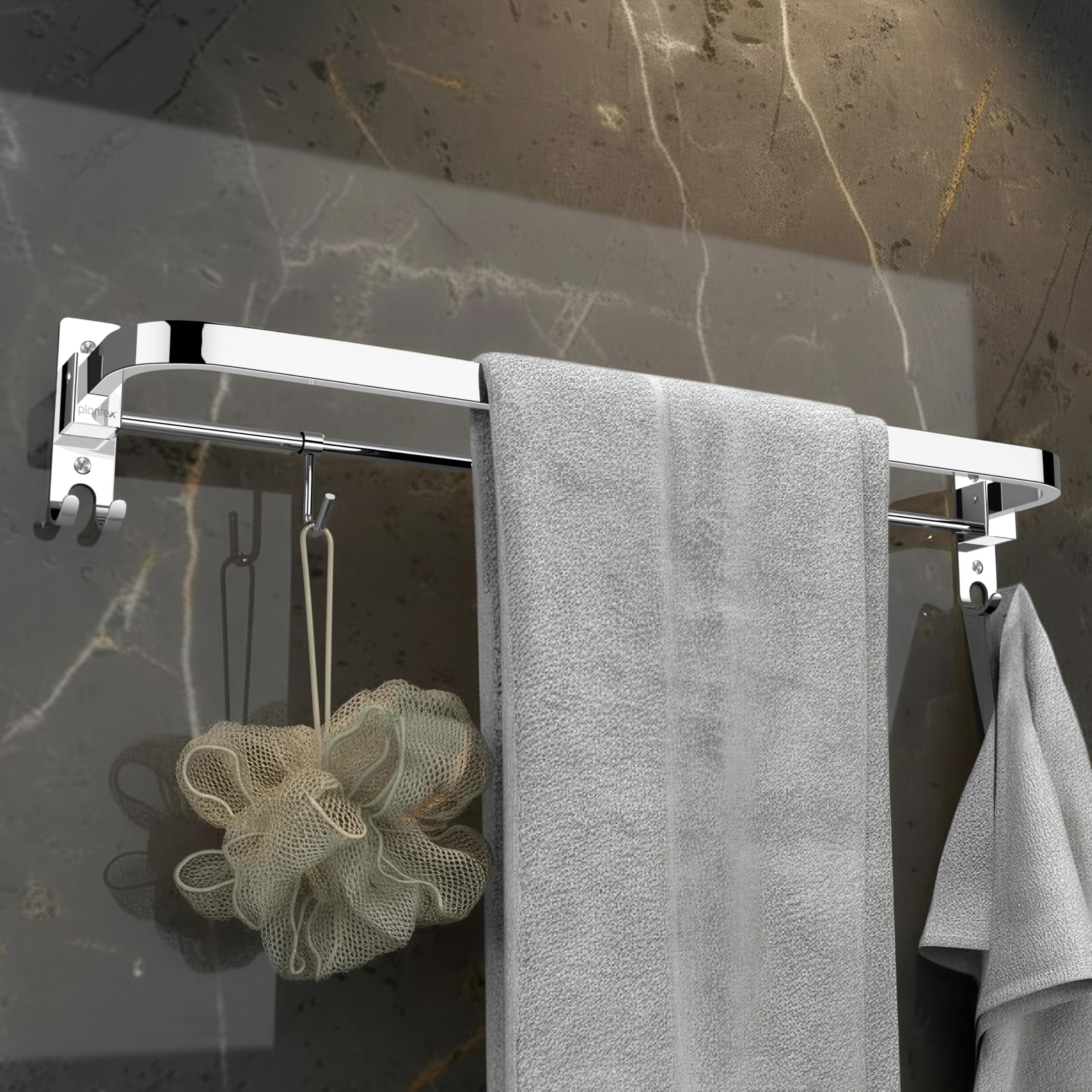 Plantex Stainless Steel Folding 24 Inch Single Towel Rod/Towel Holder for Bathroom with Hooks/Towel Hanger/Towel Stand/Bathroom Accessories - (24 Inch-Chrome)