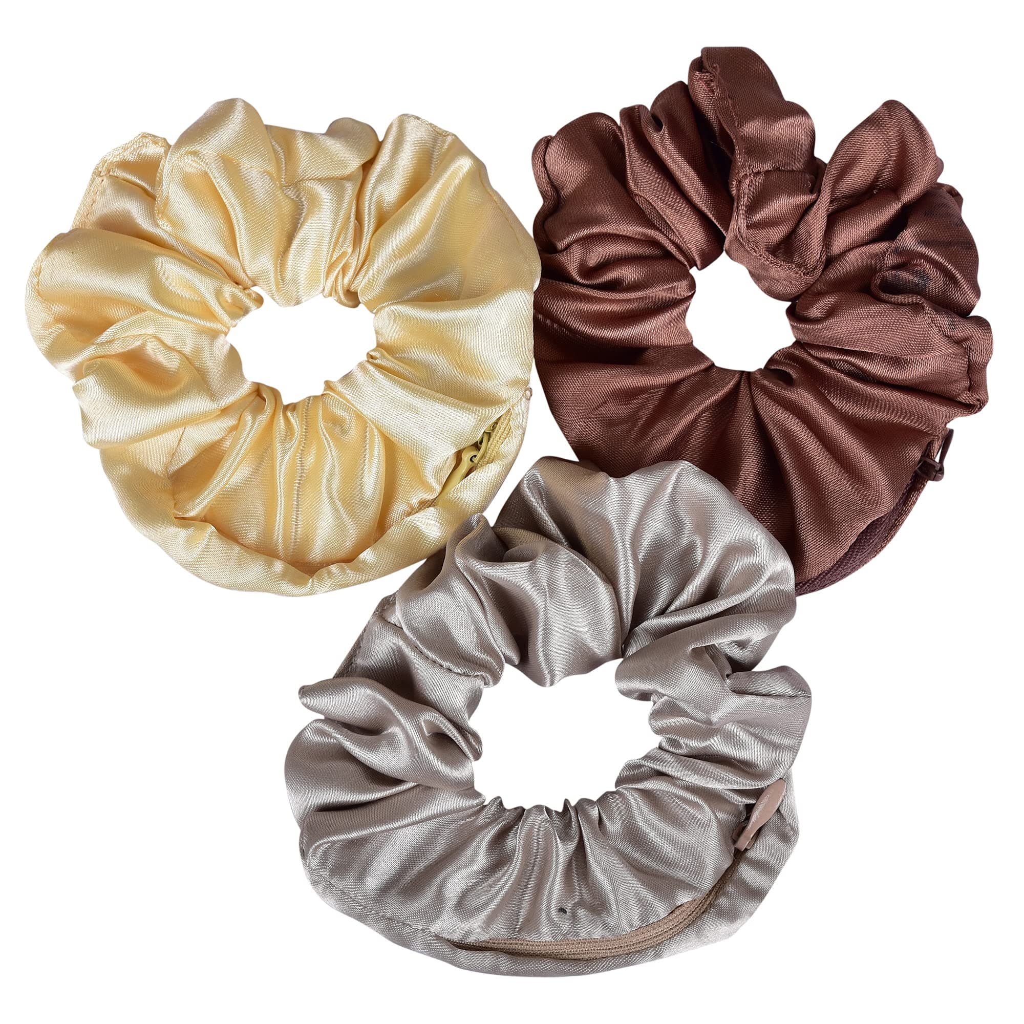 Nnr Satin Silk Scrunchies With Secret Zip Pocket Rubber Band For Girls And Women, Pack Of 3 Pcs - Multicolor 6