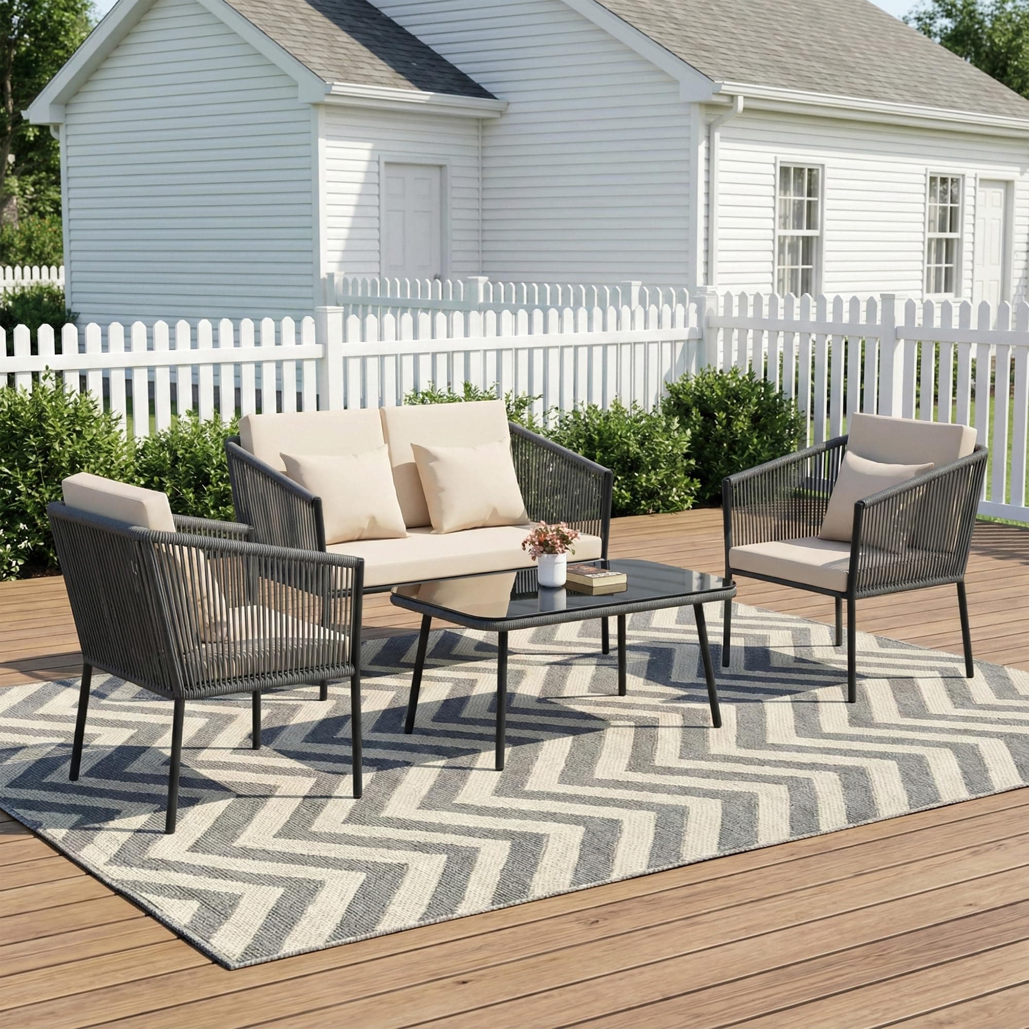 BRISHI Outdoor 4 Seater Sofa Set | Balcony Sofa | Patio Furniture Sets | Conversation Sets | Braid & Rope | (Grey,Cream)