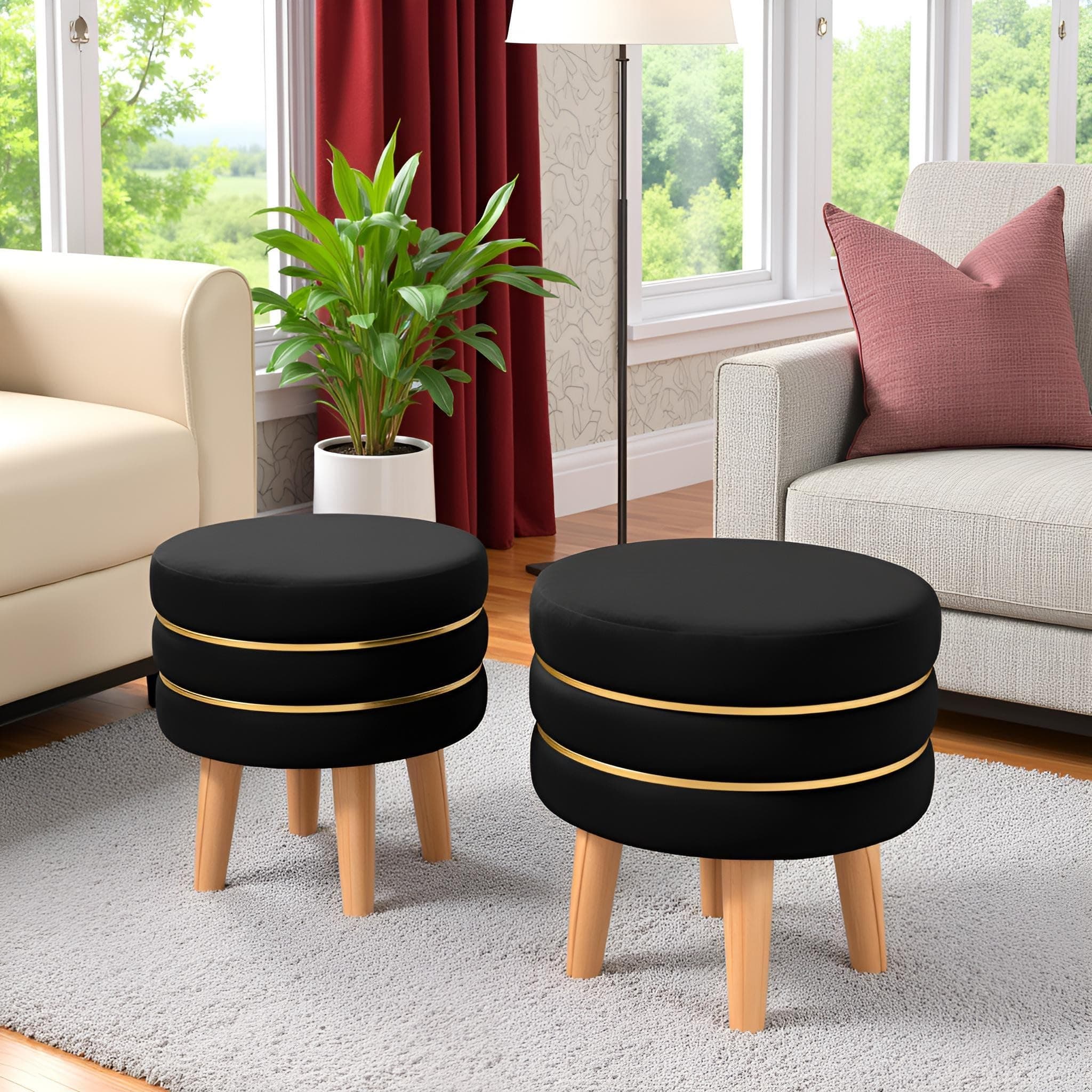 NACIA Velvet Upholstered Ottoman Stool with Wooden Legs | Round Pouffe Footrest Seat for Living Room Bedroom Balcony | Compact Foot Stool for Sitting Home Decor Furniture, 18 Inch (Black, Set of 2)