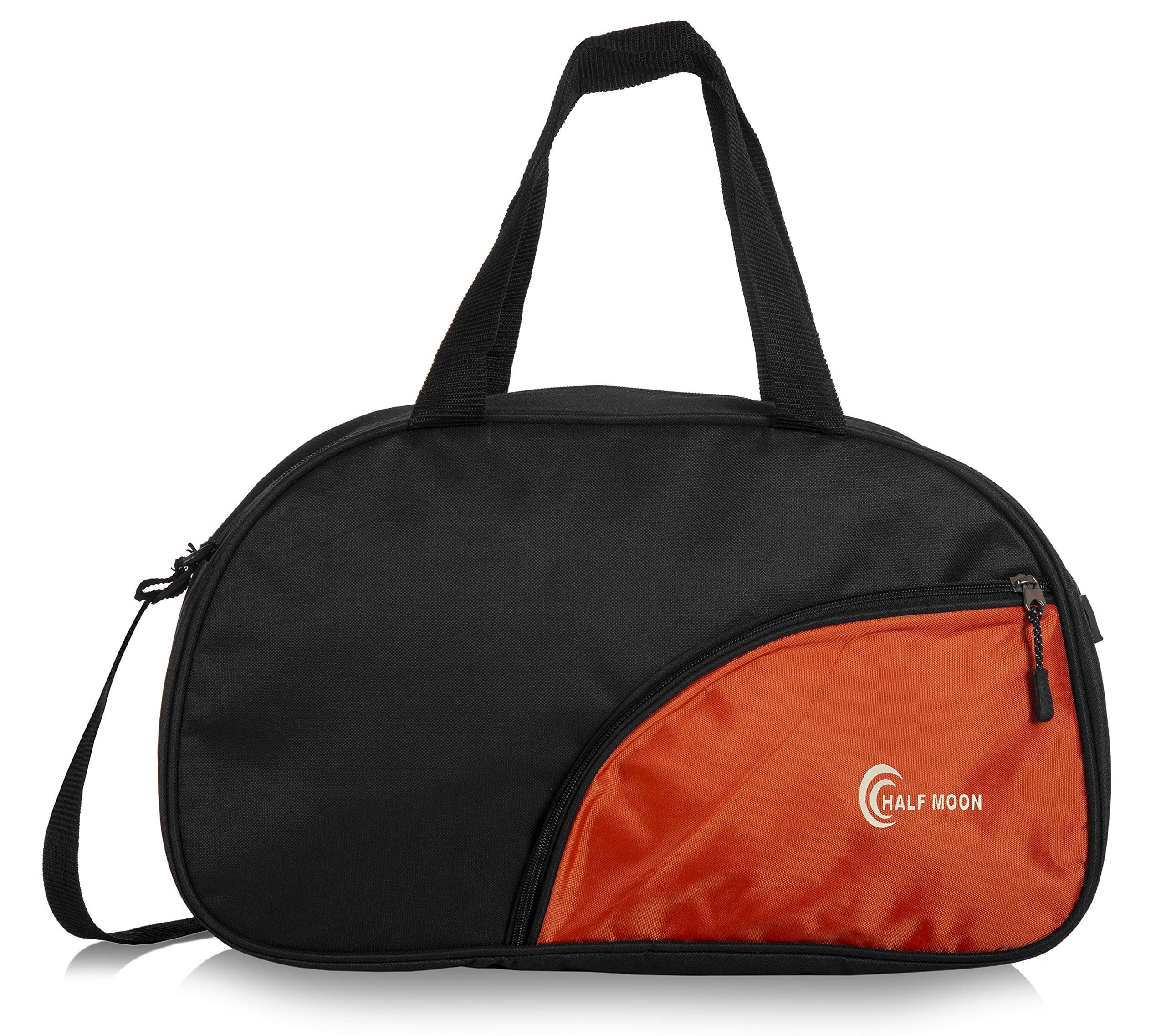 Half Moon Men & Women Polyester 35 Liters Water Resistant Lightweight Heavy Duty Gym Trekking Travel Sports Duffel/Carry_On_Luggage Duffle Bag & (Black & Orange), 22 Centimeters