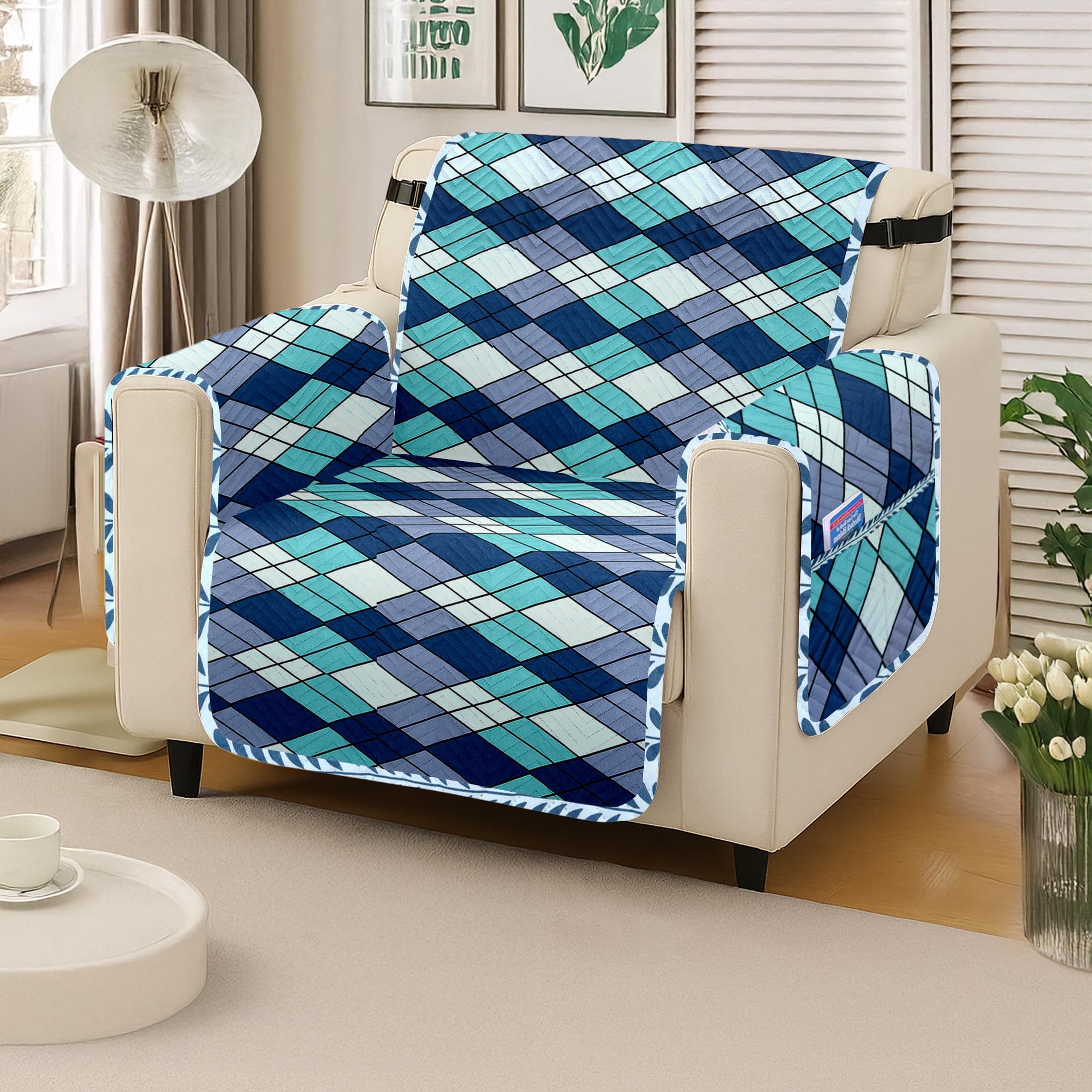 amazon basics Printed Quilted Reversible Sofa Topper | 1 Seater | 175Cm X 60Cm | 325 GSM | Color - Navy Blue, Polyester Blend