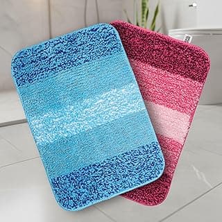 SARAL HOME EASY LIVING Microfiber Striped Anti-Skid Bath Rectangular Mats,35x50cm |Pack of 2(Turquoise & Pink)