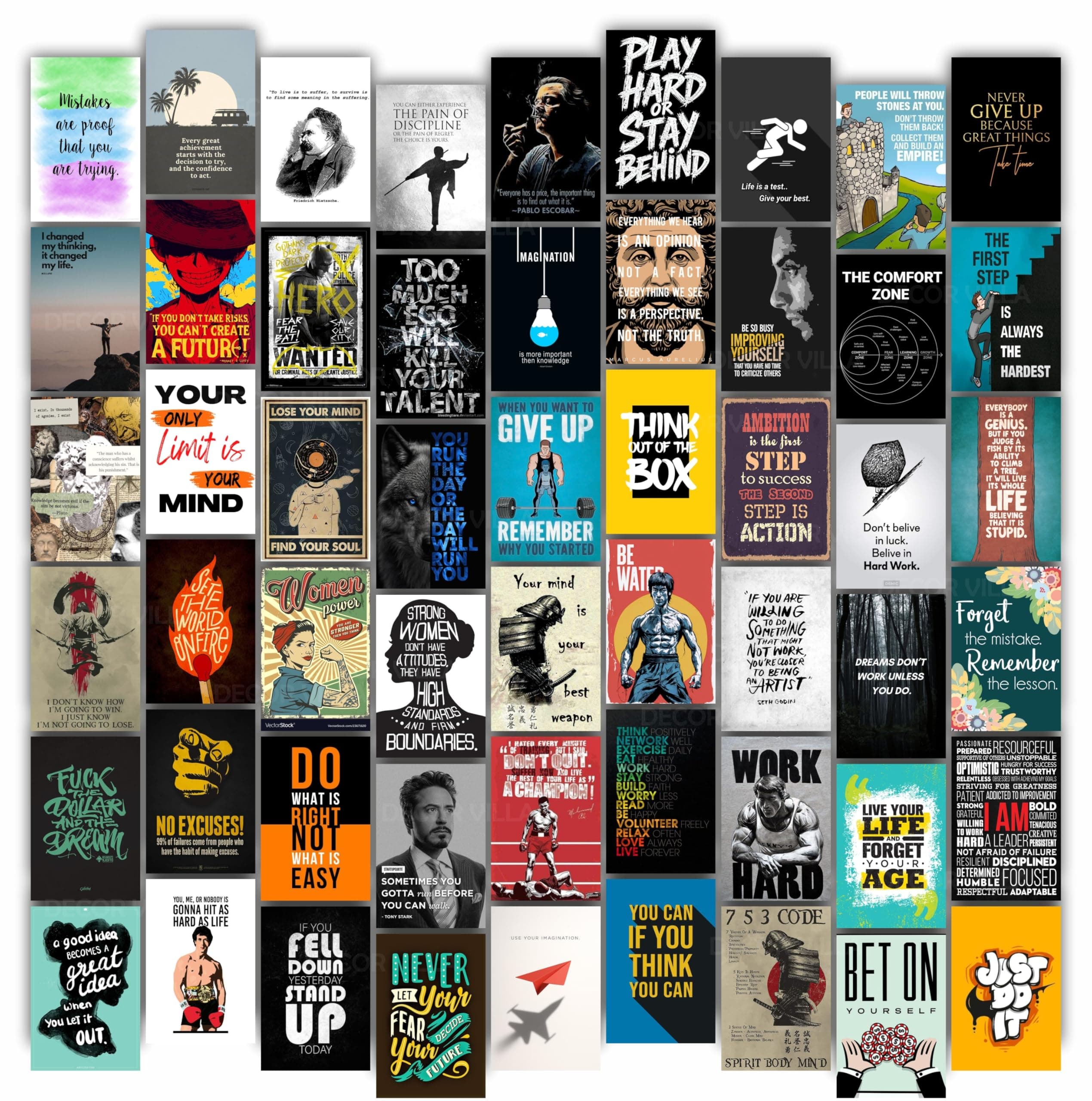 DecorVilla 54 Pcs Motivational & Aesthetic Wall Collage Kit – 4x6 Inch Matte Mini Posters | Inspirational Quotes, Fitness, & Hustle Decor for Office, Gym, & Study Includes Double-Sided Tape (54 Pcs Motivational & Aesthetic)