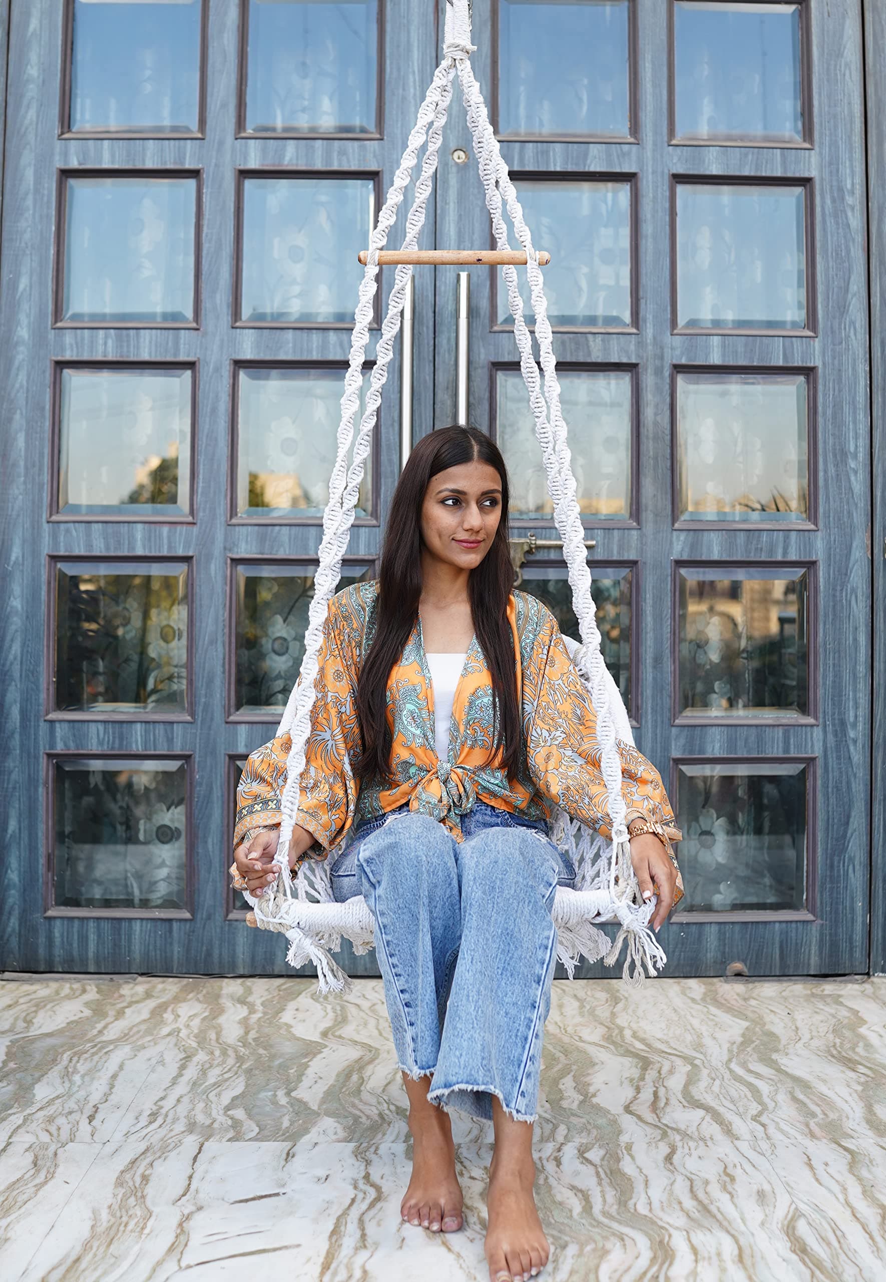 Patiofy Swing For Adults/Jhula For Adults/Wooden Swing For Living Room/Swing For Balcony/Swing Chair/Swing For Adults For Home/Large Cotton D Shape Hammock Hanging Swing With Wooden Bar(White),102 Cm