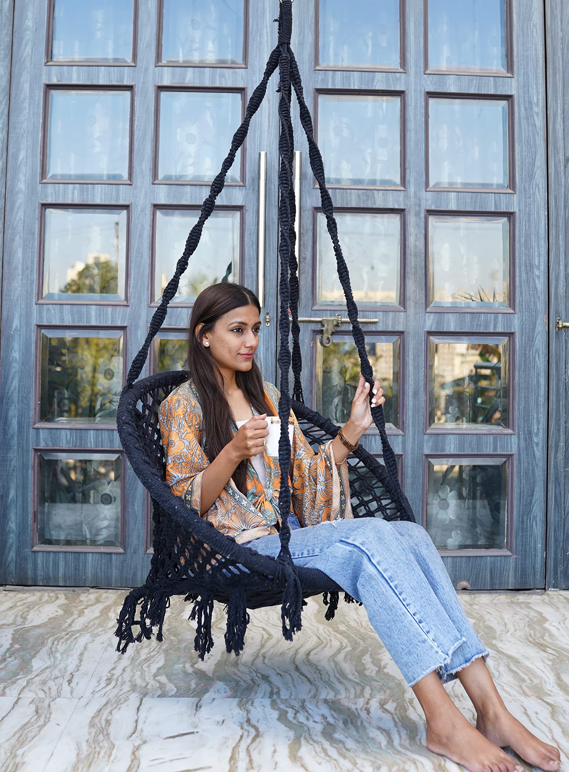 Patiofy Swing for Adult/Round Shape Hanging Swing for Home/Swing Chair for Adults for Home/Zula for Home/Hammock Swing for Adults/Hanging Swing for Balcony with Hanging Kit- Black