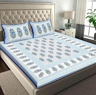 RajasthaniKart® Pure 100% Cotton Double Bed Sheet with 2 Pillow Covers (Bedsheet for Double Bed Cotton, Blue, Paisley)