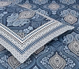 Urban Jaipur 100% Cotton Queen Size Bedsheet for Double Bed (90 x 108 Inches) | 210 TC Bed Sheet for Double Bed with 2 Pillow Covers | Jaipuri Bedsheet | Floral Print - Dark Blue