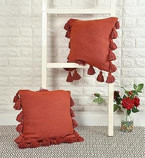 HOMADORN Luxury Cotton Handmade Decorative Boho Throw Pillow Covers with Tassels 16"X16" for Decorative Sofa Couch Living Room Indoor Outdoor Chair Car Farmhouse (Rust, 1)