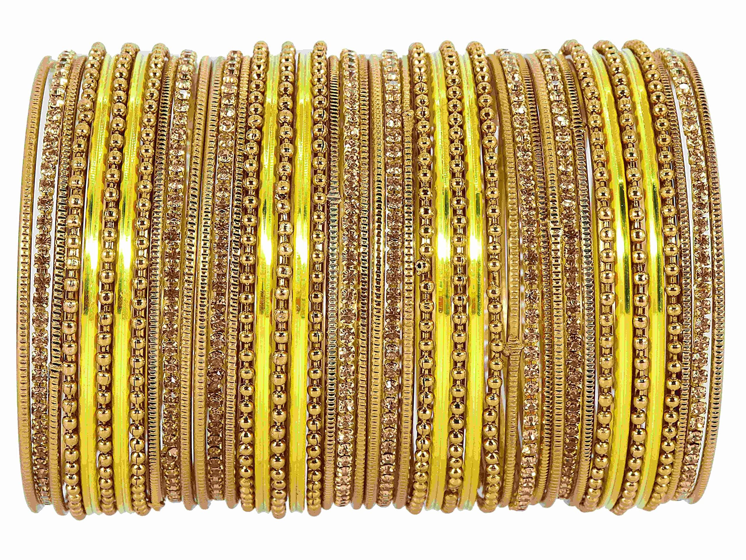 NMII Non-Precious Metal with Base Metal Zircon Gemstone Studded Glossy Finished Ballchain Linked Gold Plated Cutting Pattern Bangle set for Women and Girls
