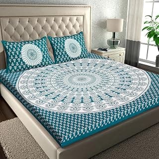 RajasthaniKart® Pure 100% Cotton Double Bed Sheet with 2 Pillow Covers (Bedsheet for Double Bed Cotton, Green Rangoli)