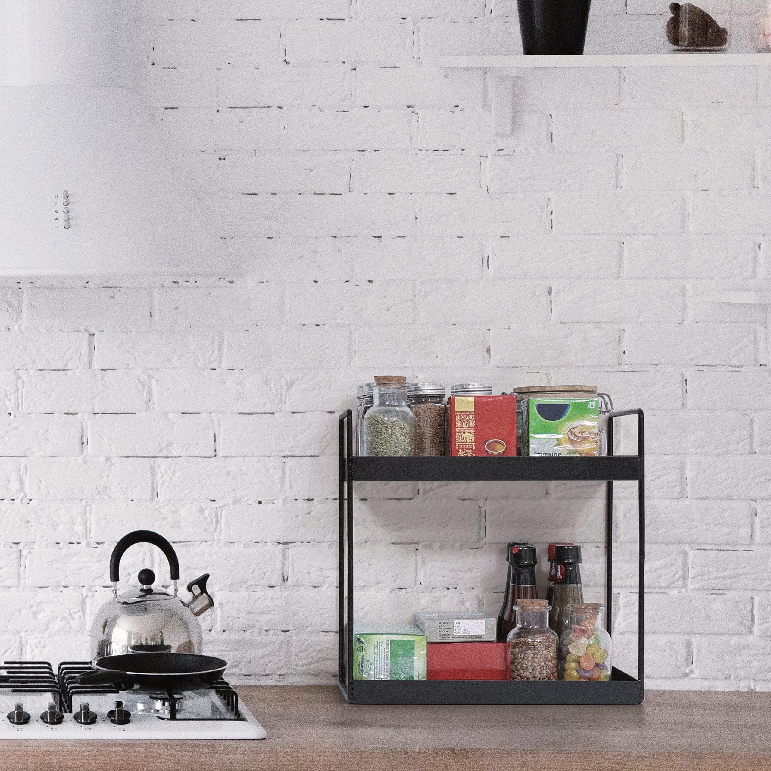 Livzing 2 Tier Metal Countertop Rack Organizer - Multipurpose Standing Rack for Kitchen, Bathroom, Cosmetic Shelf, Spice Holder, Vanity Organizer - Metal Freestanding Rack Holder - Black