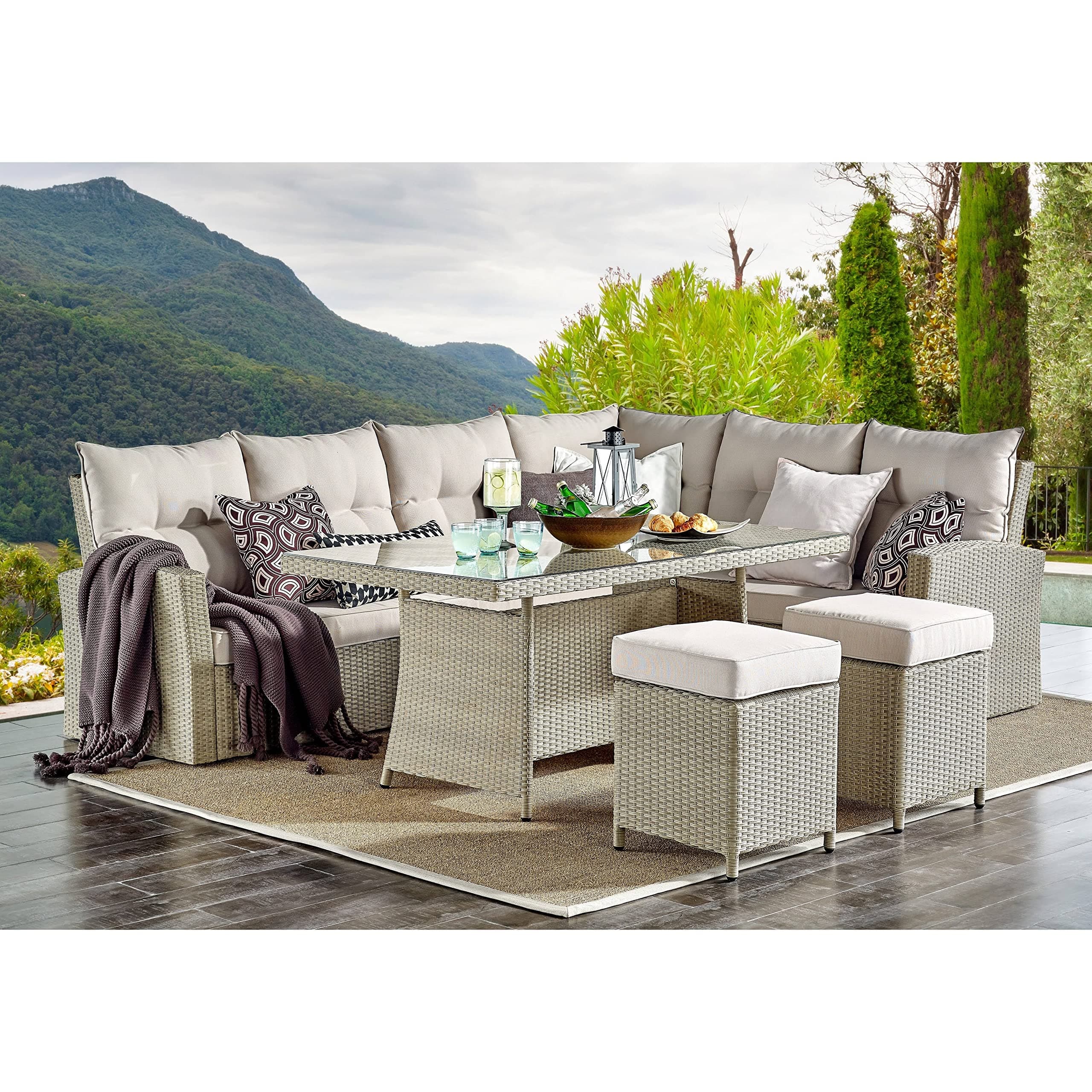 DEVOKO 5-Piece Outdoor Sectional Sofa Set with Table for Porch, Lawn, Garden, Backyard, HDPE Wicker Conversation Set (Beige & Cream)