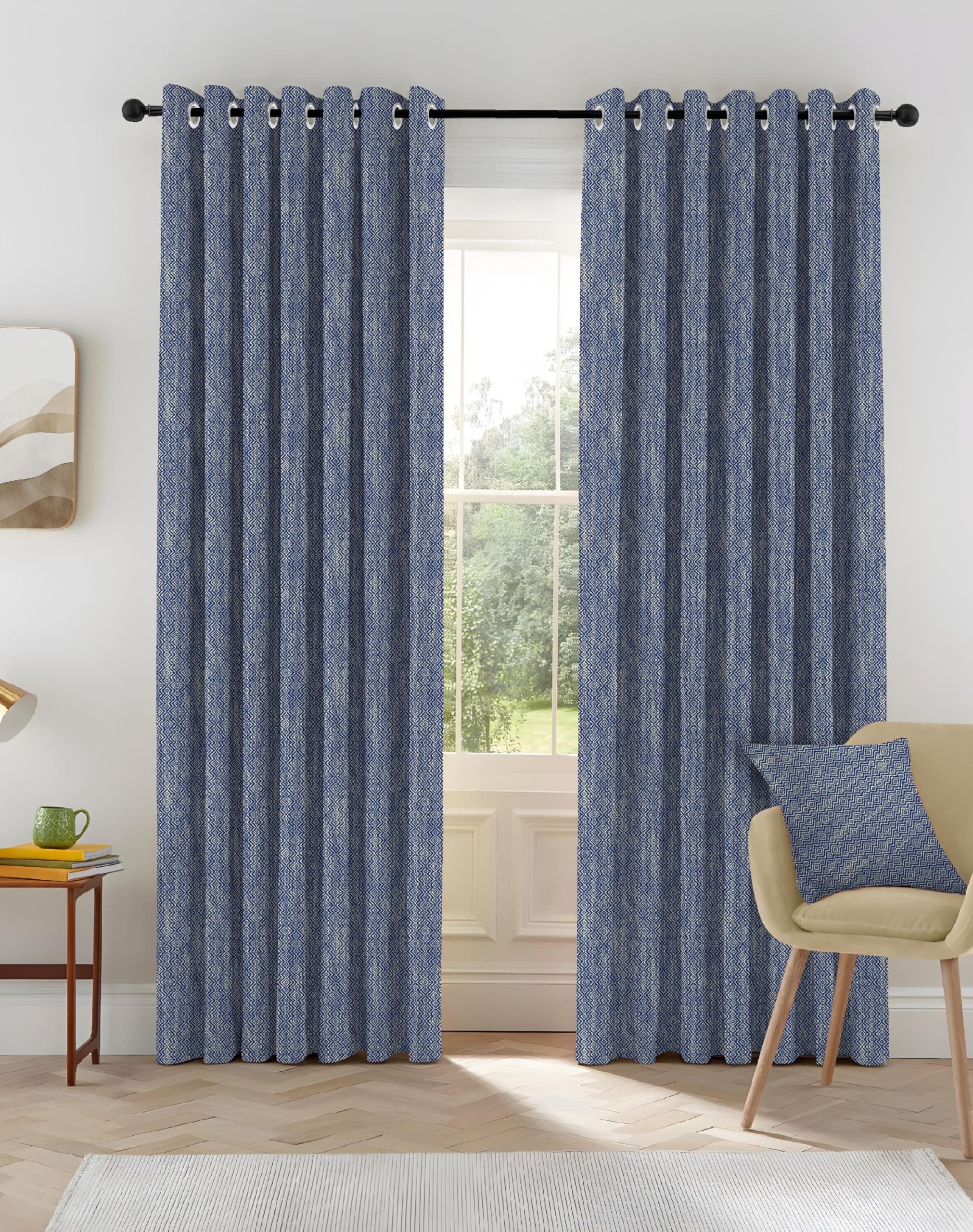 NEFERTITI HOME Kovo Blackout Curtains 9 Feet Long Set of 2 for Long Door, Digital Printed Curtains with Eyelets,Room Darkening Curtains for Living Room, Tieback Included (Blue_9 feet)