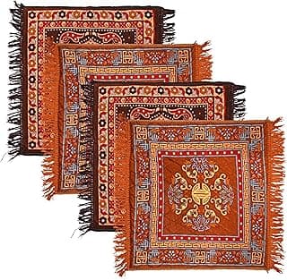 Kuber Industries (Set of 4) Traditional Asana for Puja - Soft Velvet Aasan for Pooja | Prayer | Sitting | Meditation - Small Carpet Mat Rug for Floor - Brown & Gold Color