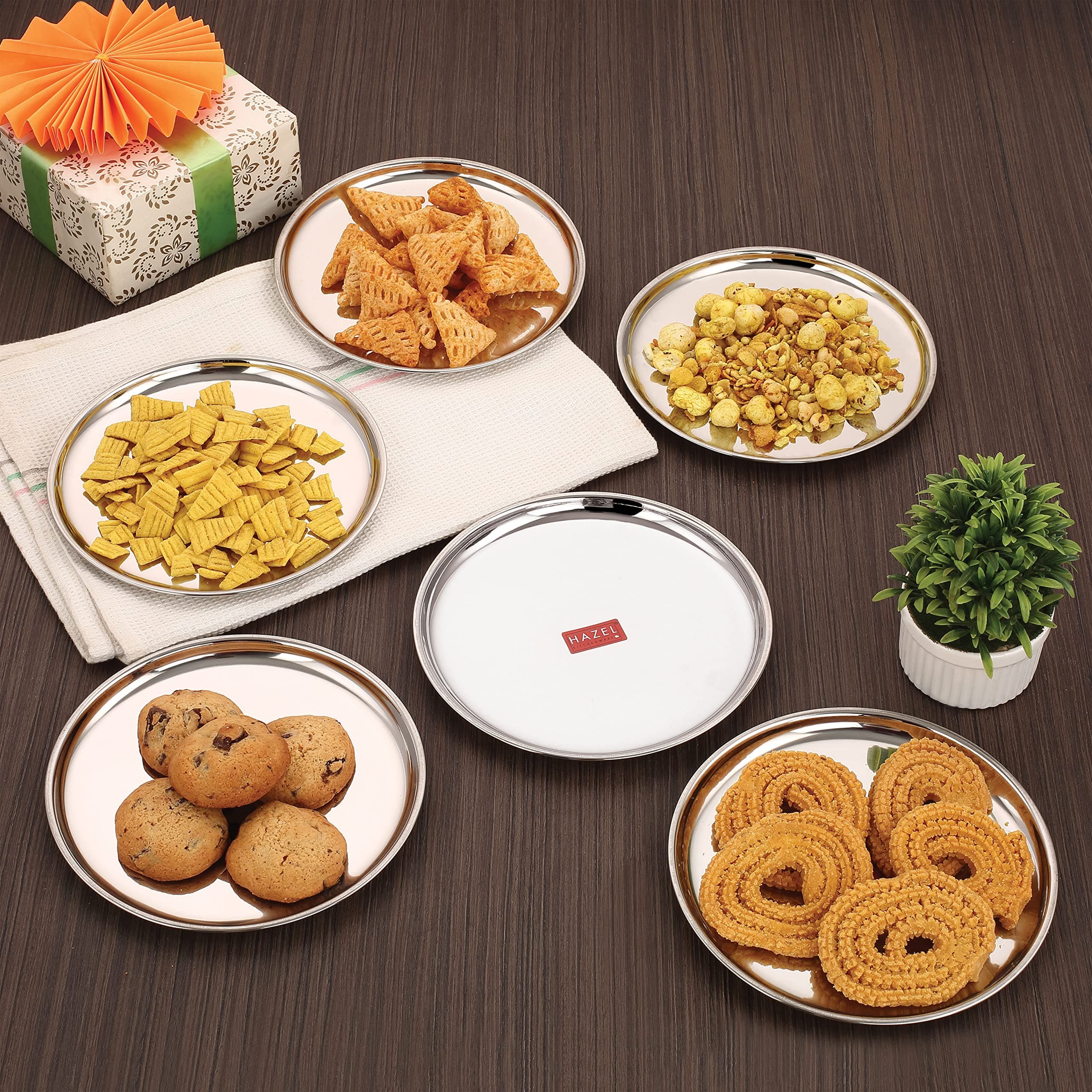 HAZEL Stainless Steel Snack Plates with Mirror Finish | 16 cm Quarter Plates Set for Kitchen | Glossy Finish Thali, Set of 6