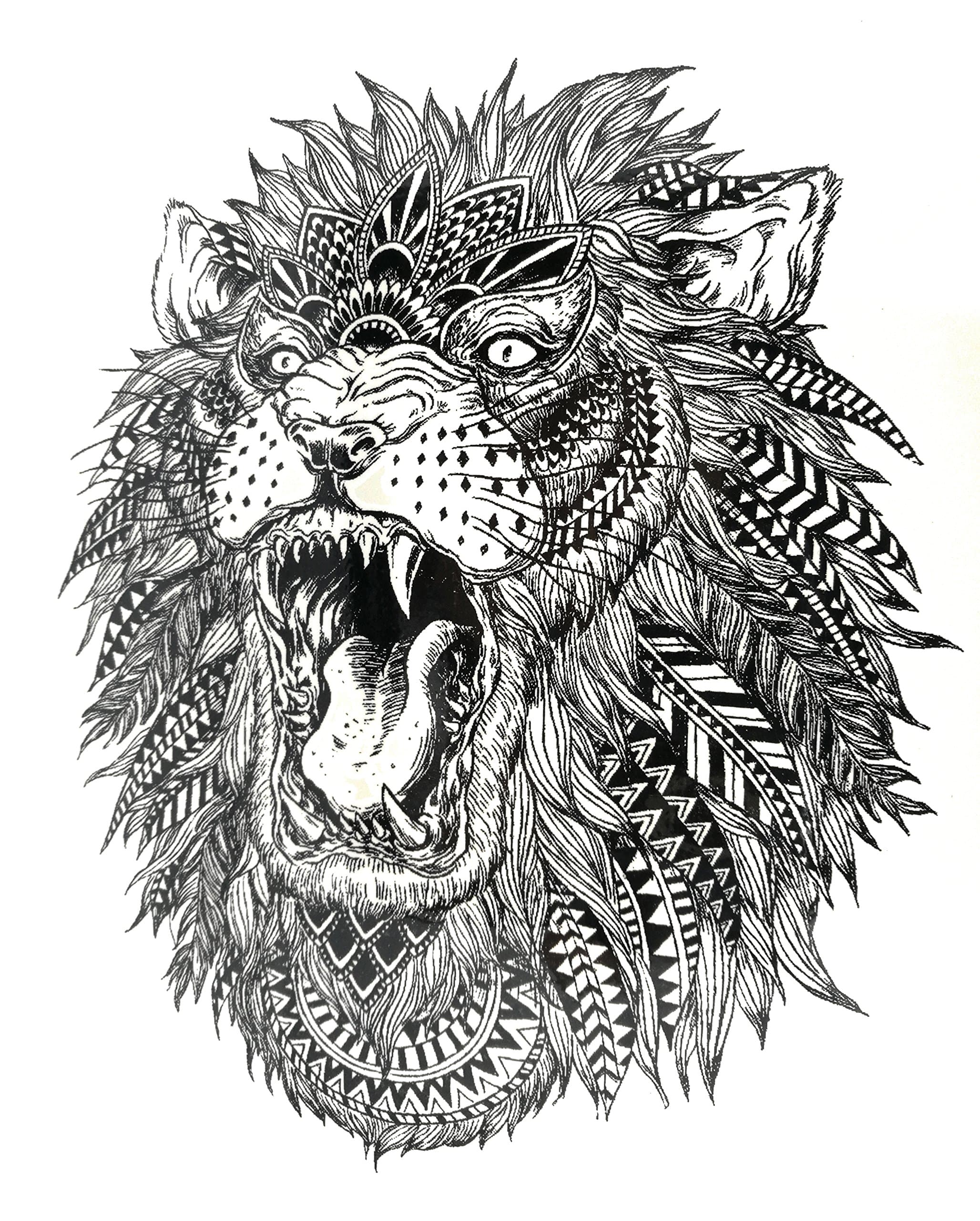 Temporary Tattoo For Girls Men Women 3D Big Lion Face Sticker Size 21x15CM - 1PC. (94A)