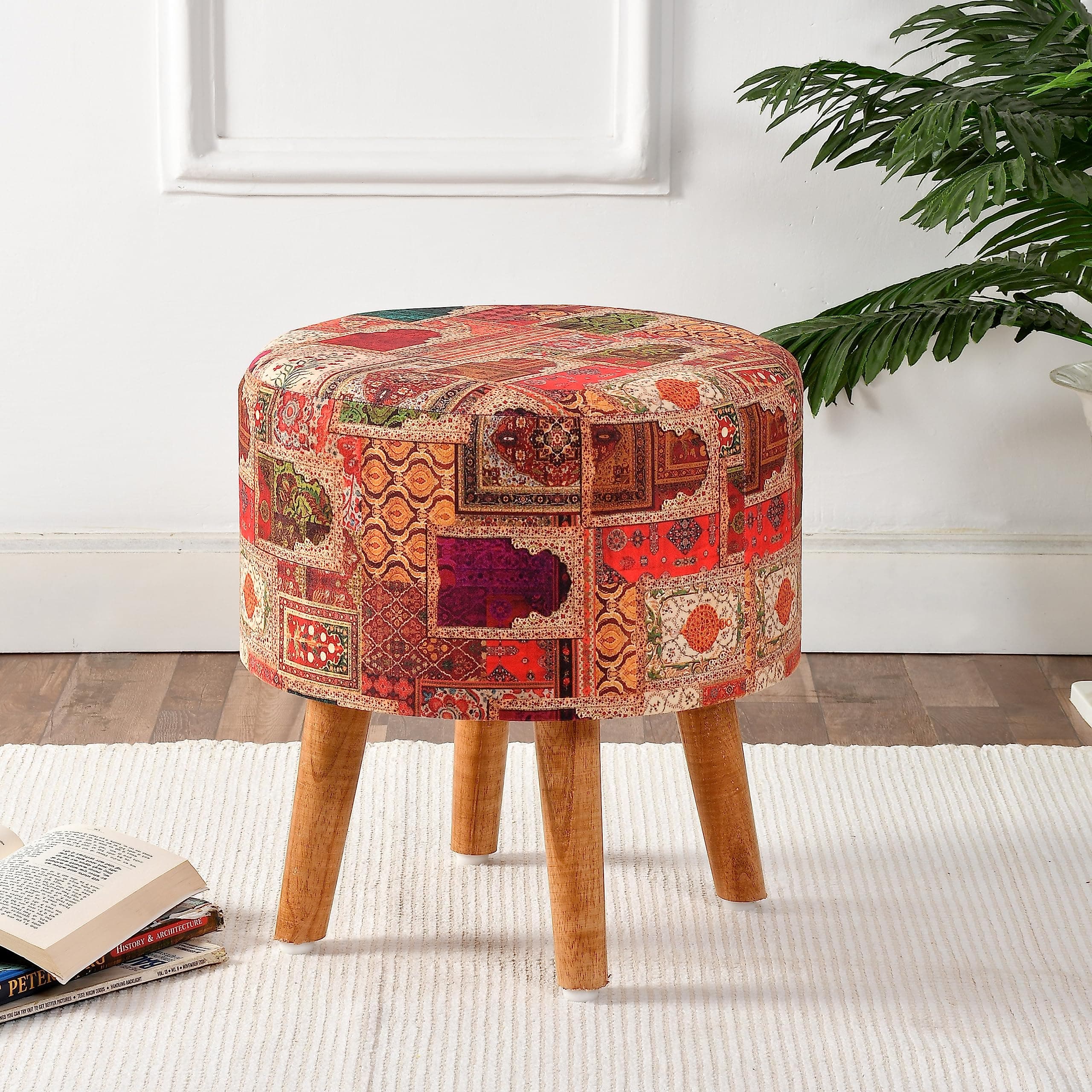 NACIA Printed Ottoman Upholstered Foam Cushioned Pouffes Puffy Stool for Living Room Sitting Muddha Wooden Velvet Pouf Stool for Foot Rest, Home Decor Dressing Table Stool, 16x16x17 Inches, Beige