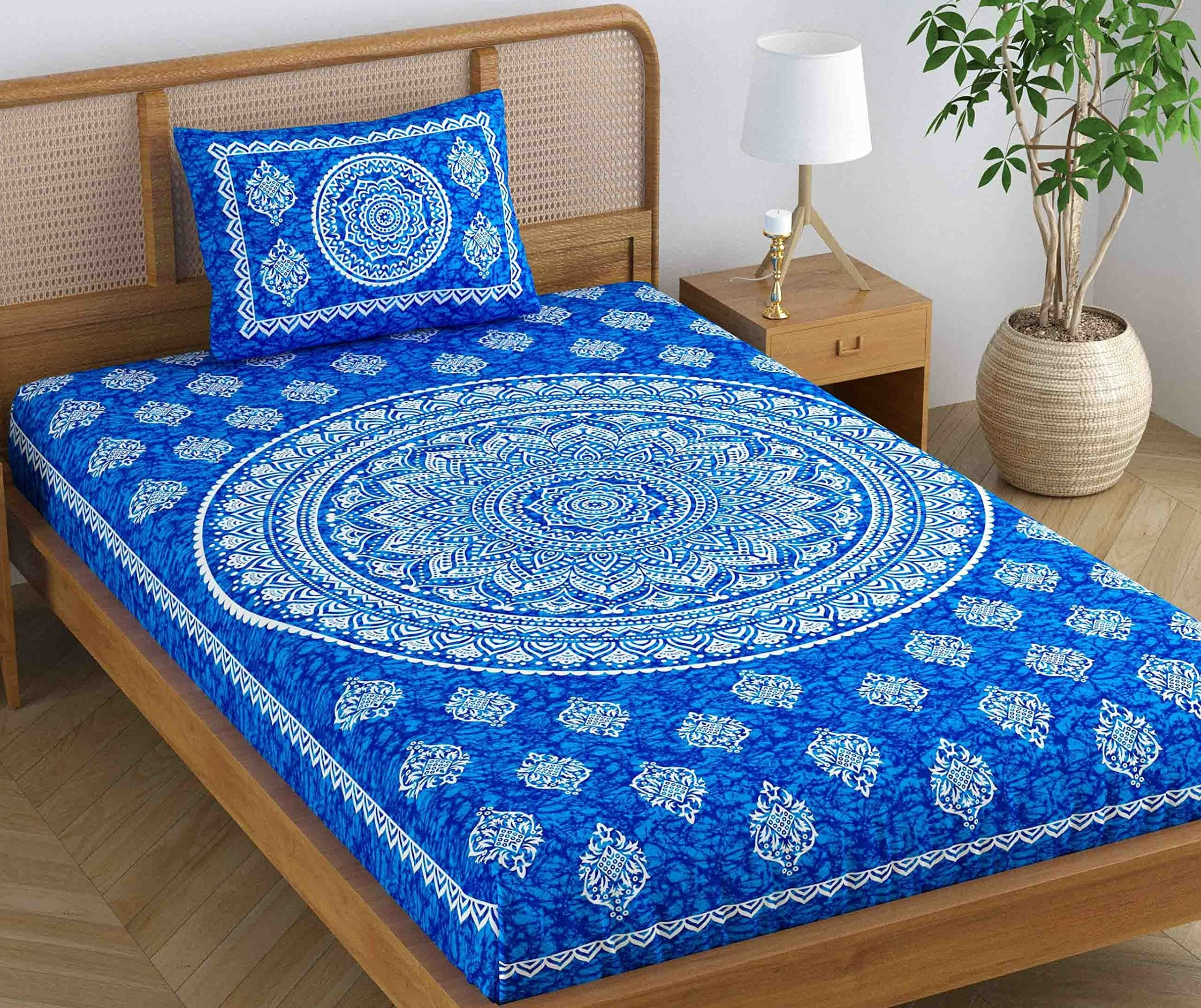 Colorish 120 TC Cotton Blend Mandala Printed Jaipuri Bedsheet for Single Bed with 1 Pillow Cover, Blue