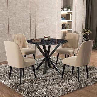 HITHOS 4-Seater Round Dining Table Set with 4 Upholstered Chairs | Modern Finish Table Top with Heavy-Duty Wood Cross Legs | Space-Saving Kitchen & Dining Room Furniture | Sheesham, Black & Beige