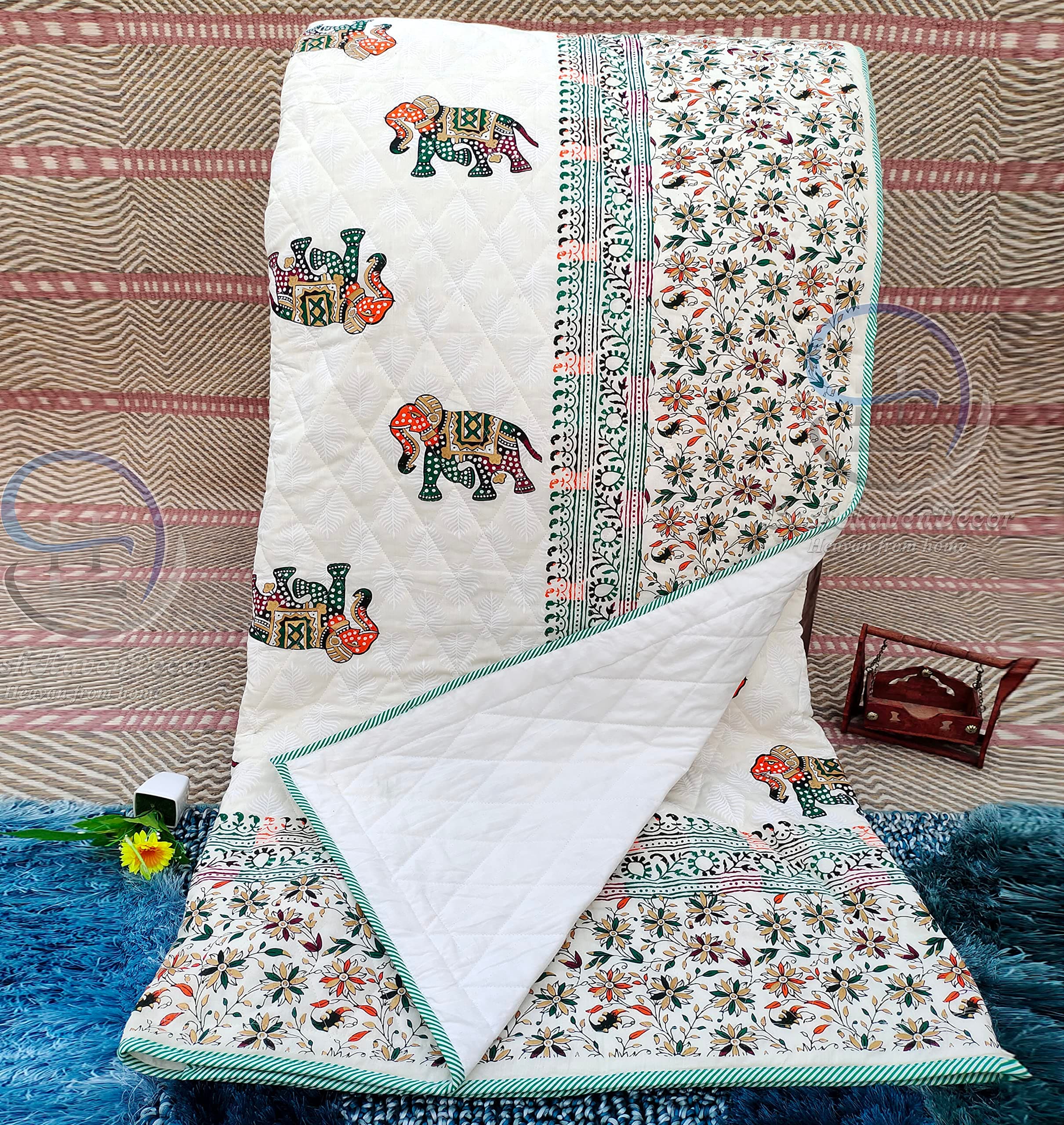LushHavenDecor 380 GSM Jaipuri Elephants Printed Winter Cotton Single Bed Quilt Razai - Red, Green, Cream and Multicolor, Rajai, 60X90 Inch