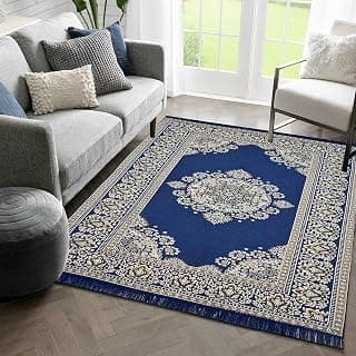 Designer Superfine Exclusive Cotton Carpet/Area Rug/Bedside Runner, Cotton Living Room Carpet, Durries in (Blue, 5x7 Feet)