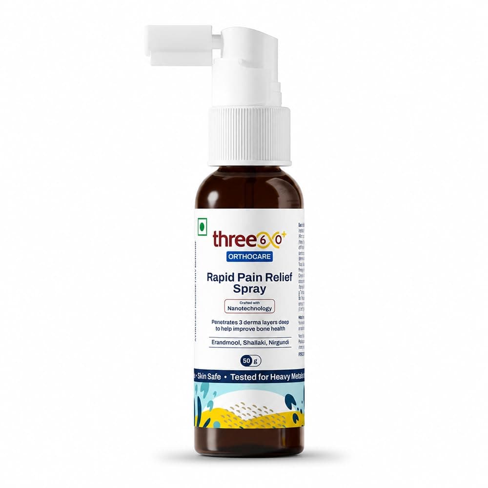 three60+ Rapid Pain Relief Spray with Erandmool, Shallaki, Nirgundi & Ashwagandha, Clinically Researched for Joint & Muscle Pain | Reduces Inflammation, Fast-Absorbing | GMP Certified | Built with Advanced Nanotechnology 50g per Pack (Pack of 1)