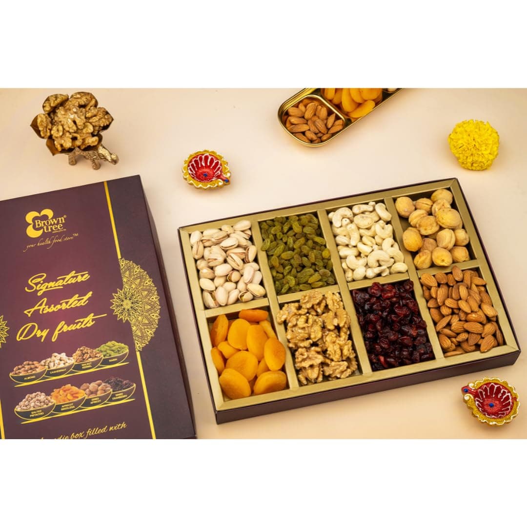 Browntree Signature 8P- 290g| Cashewnut, Almond, Raisins, Pista, Walnut kernals, Apricot, Cranberry Apricot Seedless | Fresh & Healthy Dry Fruits and Nuts for Coworkers, Relatives, and Friends | Ideal gift box for all celebration | Dry Fruit Gift Hamper | Unique Corporate Gifts