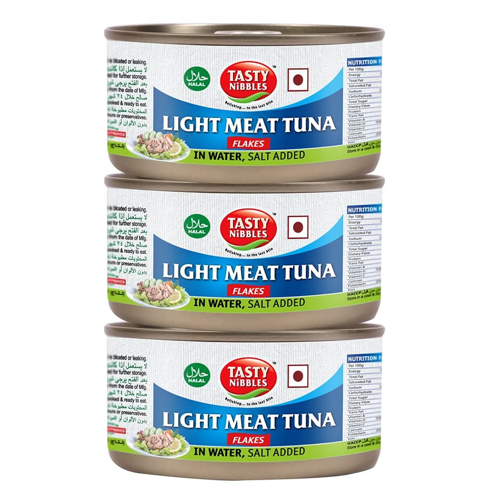 Tasty Nibbles Light Meat Tuna Flakes in Water, Salt Added 185g X 3 (Pack of 3, 555g) | Canned Tuna Fish| Ready to Eat | No Added Preservative | Ideal for Salads, Sandwiches & Healthy Meals | Balanced Nutrition, Heart Healthy