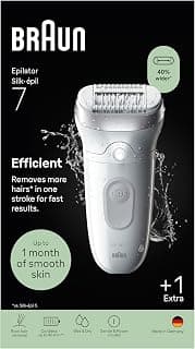 Braun Silk·épil 7 Women's Electric Epilator with Wide Head for Easy Hair Removal, with Cleaning Brush, Dry and Wet Use, Durable Soft Hair Removal, 7-011 | Wide head for easy hair removal, wet and dry, long-lasting smooth skin, waterproof