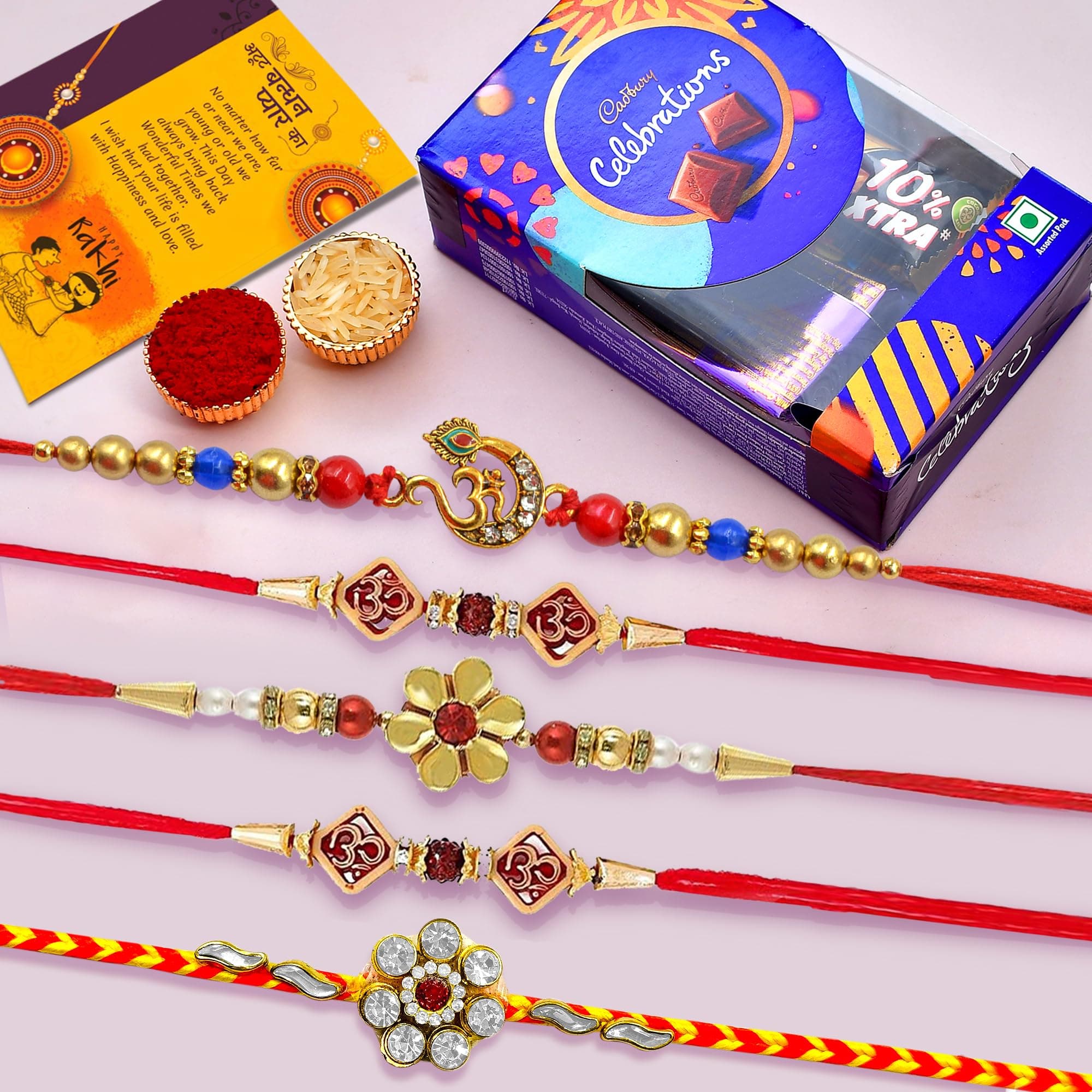 Rakhi Set of 5 with Chocolate | Rakhi for Brother Combo with Gift, Rakhi Gift for Brother Rakhi with Chocolate For Bhai Bhabhi Kids, Rakshabandhan Gifts for Brother with Rakhi Rakhi Set of 5 with Greeting Card, Tilak Set
