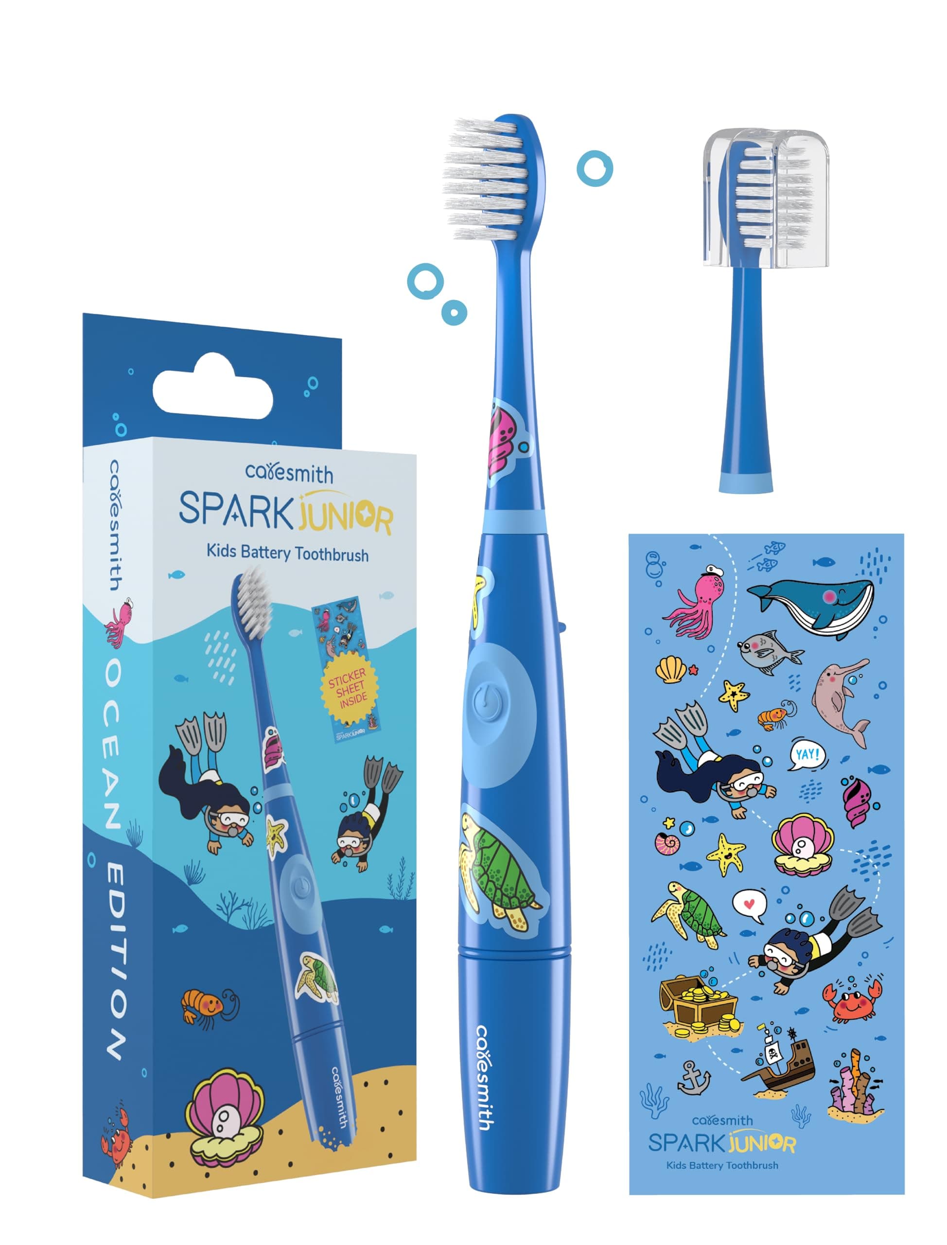 Caresmith Spark Junior Electric Sonic Toothbrush for Kids Ocean Edition | Cute Aquatic Animal Stickers for Designing your Power Toothbrush | 17000 Low Amplitude Strokes/Min Kids Sonic Toothbrush with 2 Ultra Soft Brush Heads